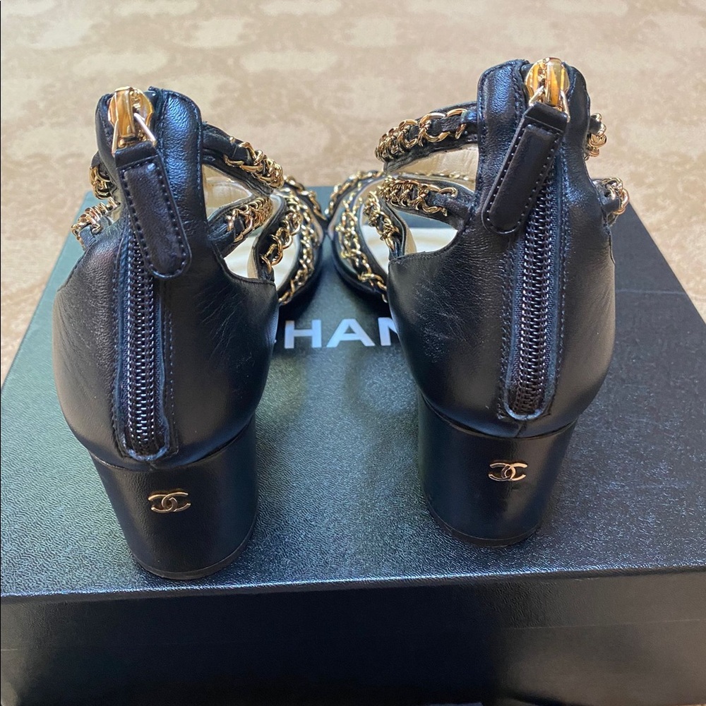 Chanel classic black and gold leather chain heeled sandals size 38 - Picture 2 of 13